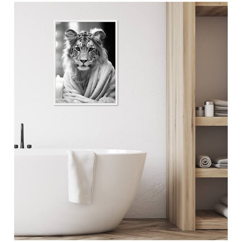 Kate and Laurel Sylvie Tiger Glam Bathroom Towel Robe Black and White Framed Canvas by The Creative Bunch Studio