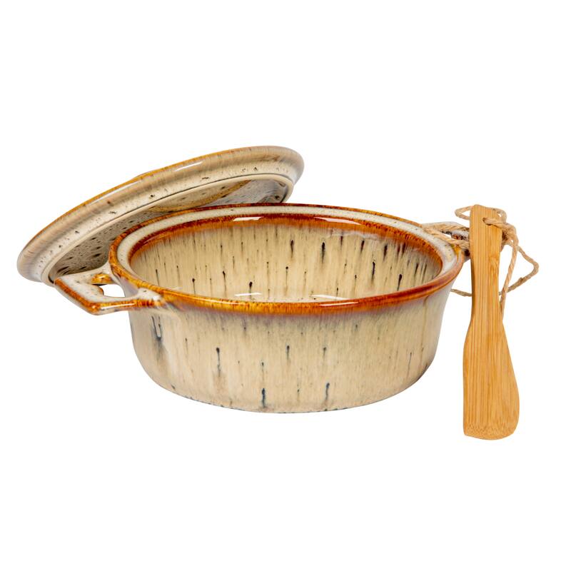 Stoneware Brie Baker with Bamboo Canapé Spreader Knife - 9.3"L x 7.0"W x 3.0"H