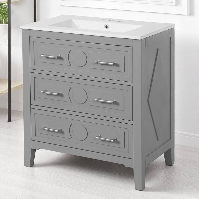 30" Bathroom Vanity with Ceramic Sink, 3 Drawers, Solid Wood Frame,Retro Cabinet, Pre-Drilled for 4" Faucet, Storage Organizer