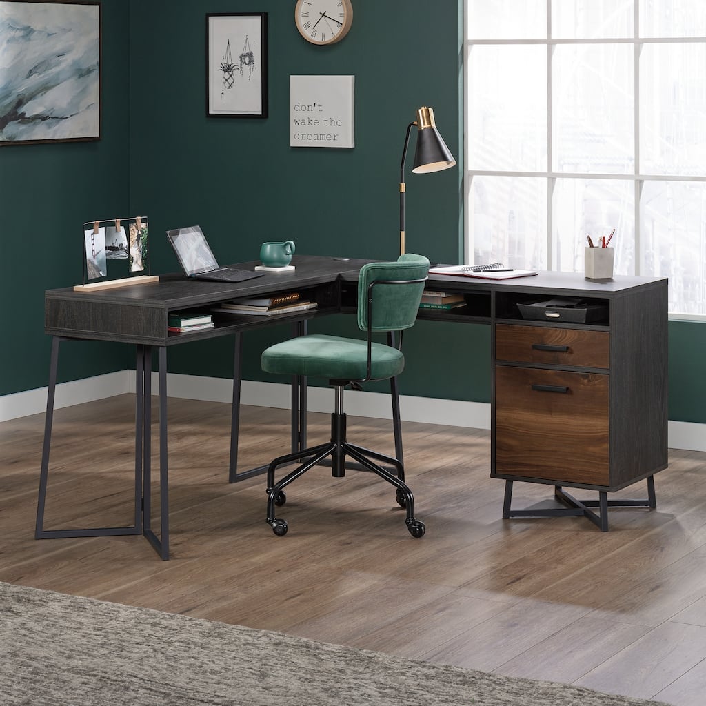 Brown L-Shaped Desk with 2 Drawers and Storage Cubby Home Office Workstation