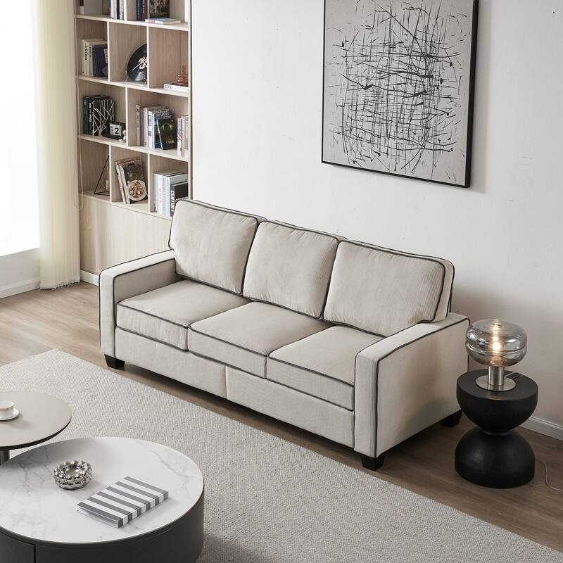 Corduroy Upholstered 3 Seater Sofa, Living Room Sofa with High Seat
