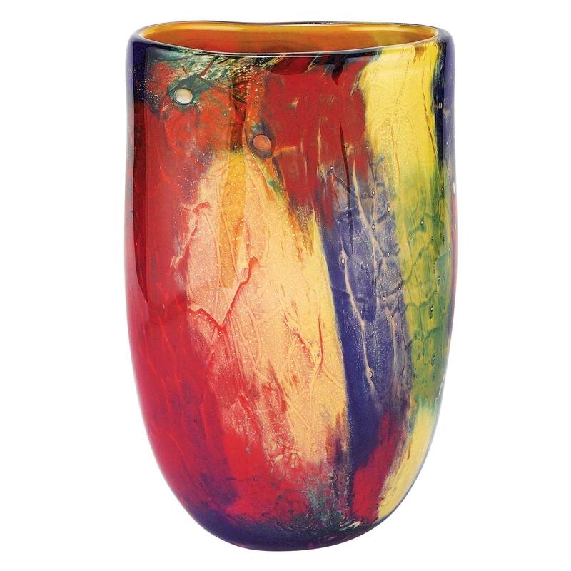 HomeRoots 11" Red Purple And Yellow Abstract Oval Murano Glass Table Vase