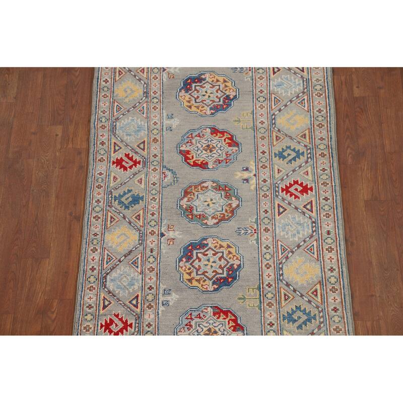 Gray Geometric Kazak Oriental Runner Rug Hand-Knotted Wool Carpet - 2'9" x 10'0"