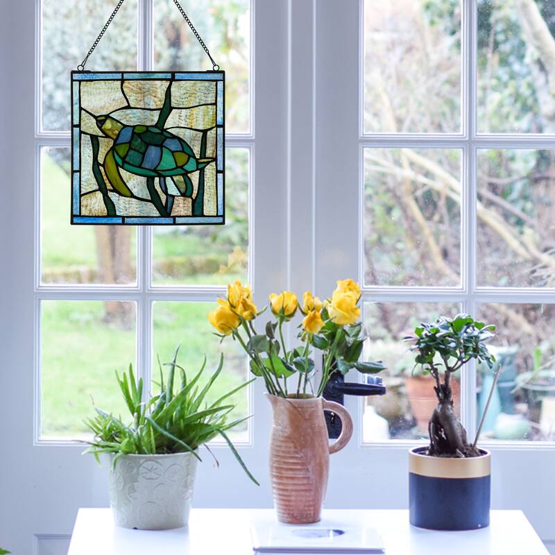 River of Goods Serene Sea Turtle River of Goods Blue, Green and Teal Stained Glass Window Panel - 10" x 0.25" x 10.5"