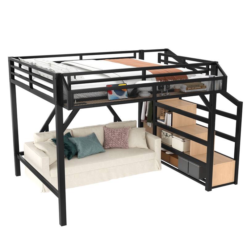 Queen Loft Bed with Storage Stairs, Shelves and Built-in Wardrobe, Metal Loft Bed Frame with USB Ports and LED Lights
