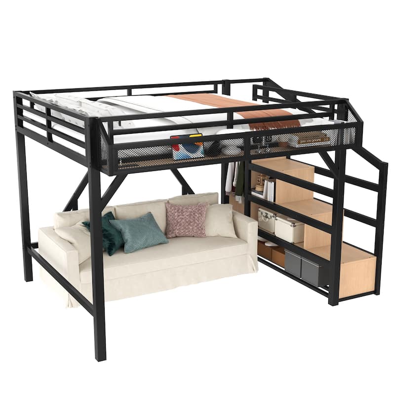 Queen Loft Bed with Wardrobe & Storage Stairs, Metal Frame with USB Ports & LED Lights