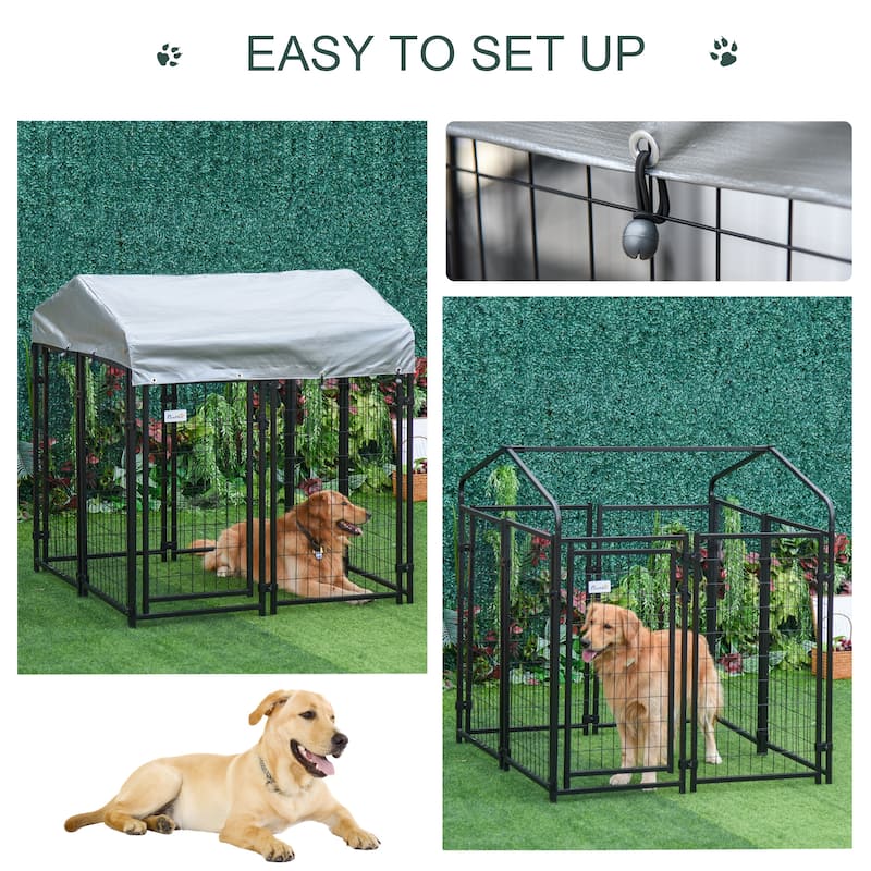 Pawhut Large Outdoor Dog Kennel Galvanized Steel Fence with UV-Resistant Oxford Cloth Roof & Secure Lock