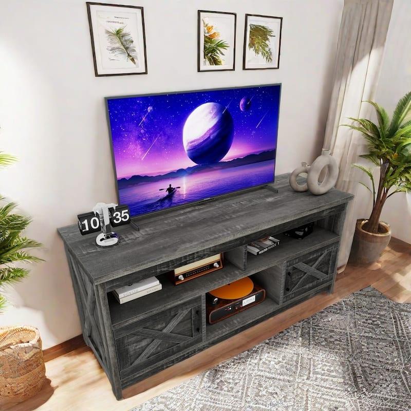 Moasis Farmhouse 59" TV Stand Media Console Entertainment Center with Storage Cabinets and Shelves - Dark Grey