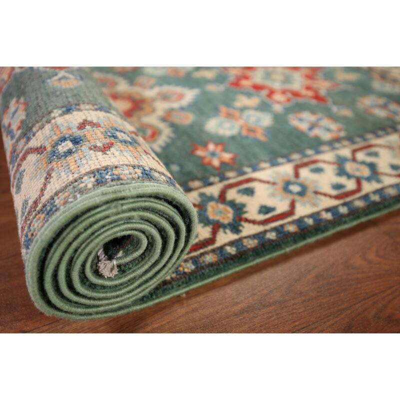 Geometric Green Kazak Oriental Runner Rug Hand-Knotted Wool Carpet - 2'3" x 5'11"