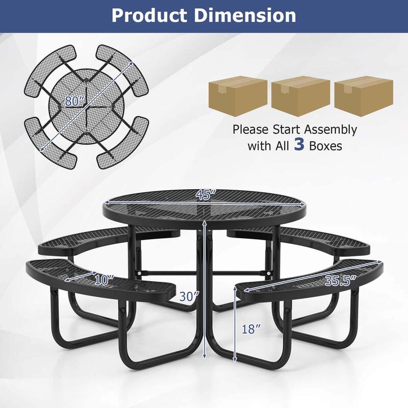 Coated Steel Camping Table Outdoor Round Table & Bench Set for 8