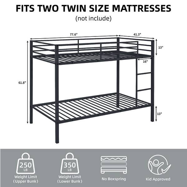 dimension image slide 2 of 3, Twin Over Twin Metal Bunk Bed, Low Profile, Ladder, High Guardrail
