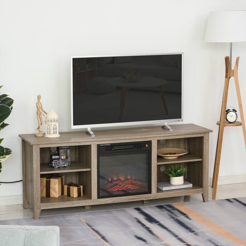 HOMCOM 2-IN-1 Design TV Stand and Electric Fireplace with 4 Cable Management, LED Flame, Fits for 65'' TV - Brown