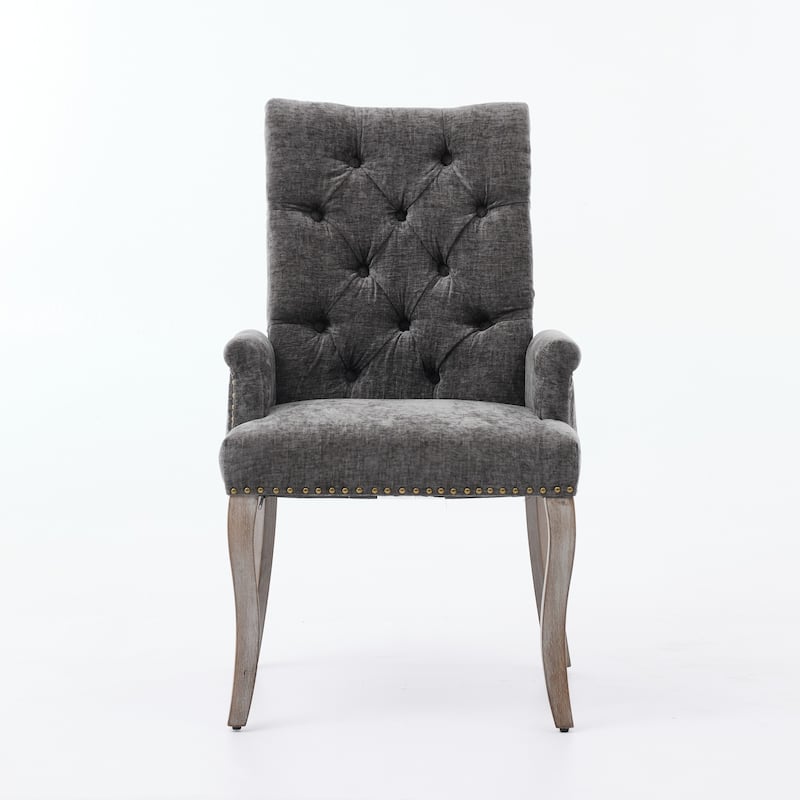 Upholstered Chenille Fabric Accent Dining Chair, Curved Solid Wood Legs, Elegant Tufted Club Dining Room Kitchen Room Arm
