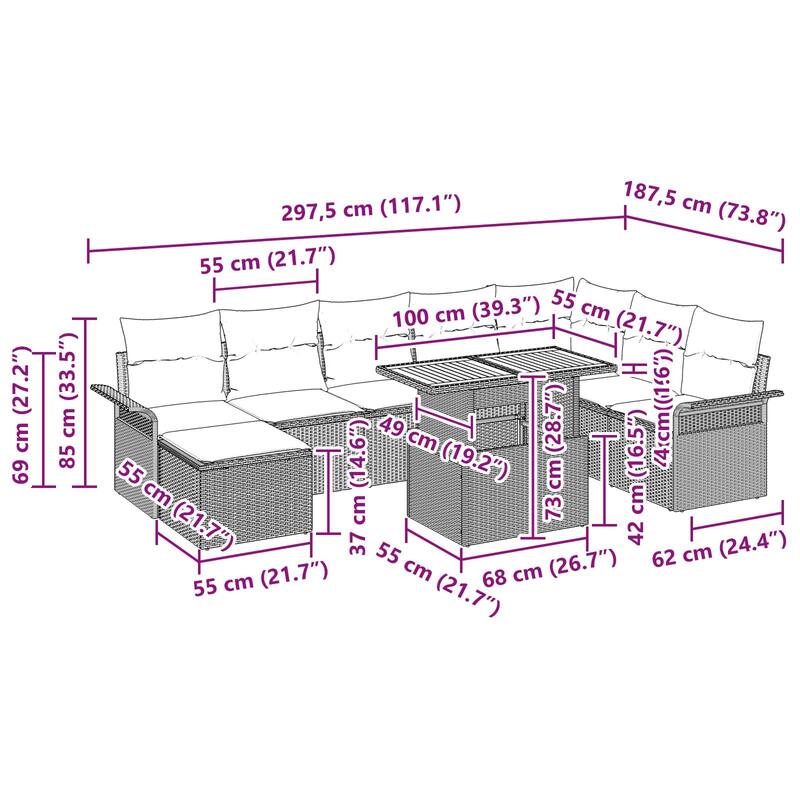 vidaXL 9 Piece Garden Sofa Set with Cushions - 117.1×73.8×27.2