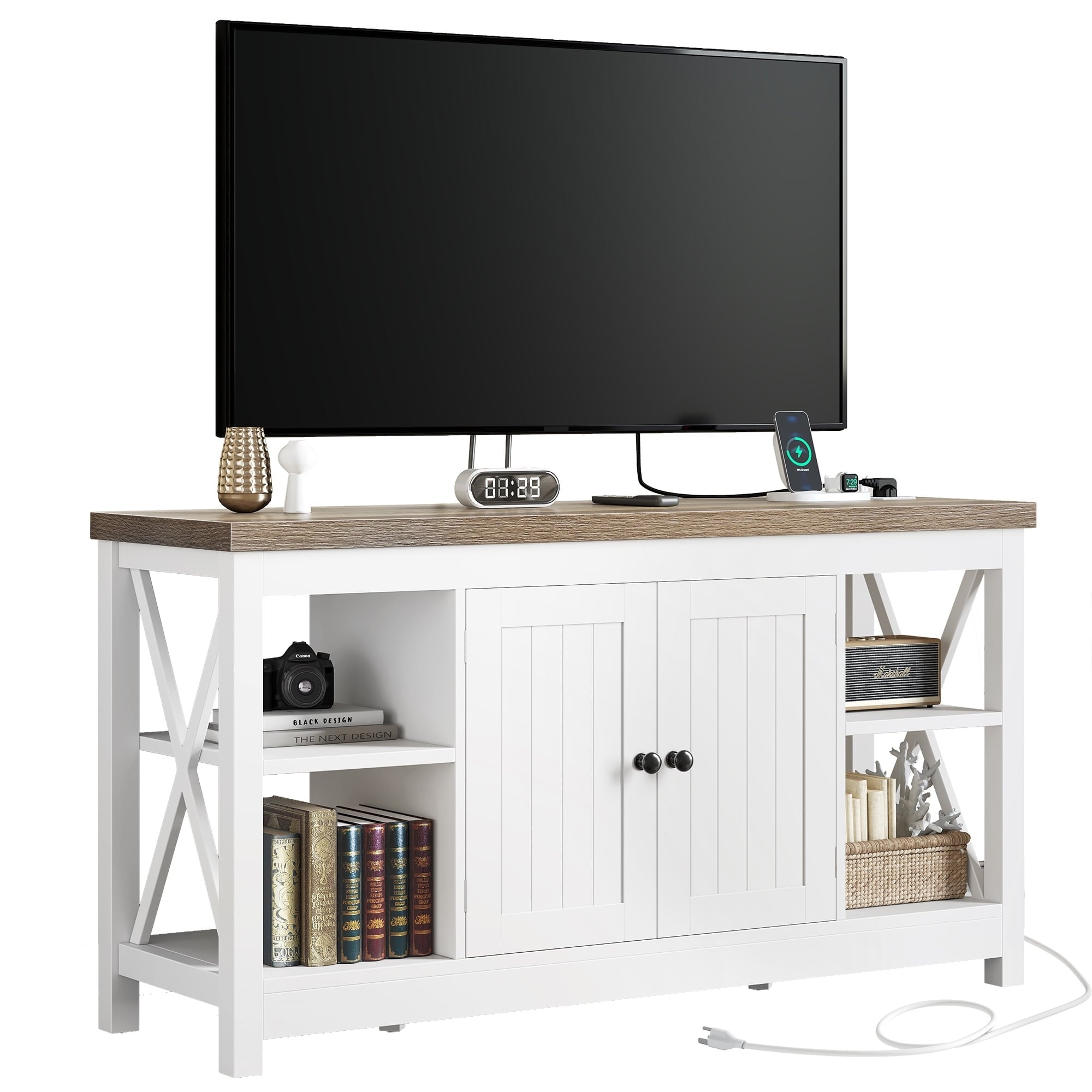 55-inch Farmhouse TV Stand with Power Outlet, 4 Storage Compartments and USB Ports, White Media Console