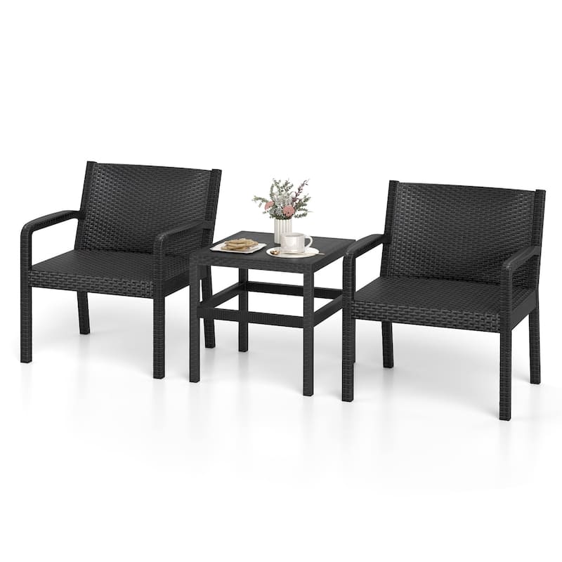 3 Piece Black PP Rattan Patio Chairs with Side Table for Outdoor Seating - Chair: 25" x 23" x 30.5" - Black