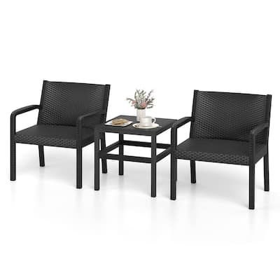 3 Piece Black PP Rattan Patio Chairs with Side Table for Outdoor Seating - Chair: 25" x 23" x 30.5"