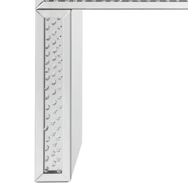 Mirror Accented Wood And Glass Vanity Desk With Faux Crystal Inlay, Silver