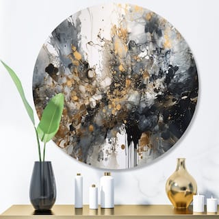Designart "Grey Gold Delicate Abstract Brushstrokes V" Abstract Marble Metal Round Wall Art