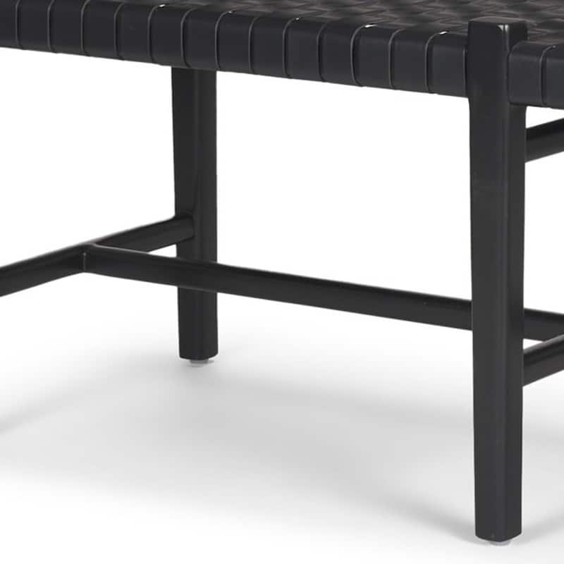 HomeRoots 52" Black Genuine Leather and Solid Wood Upholstered Bench - 52.00 in. x 18.75 in. x 16.50 in.