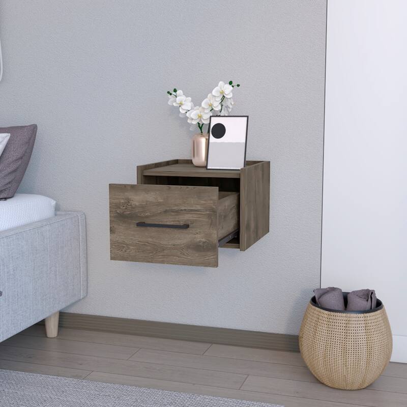 Wall-Mounted Nightstand with Drawer, Dark Brown