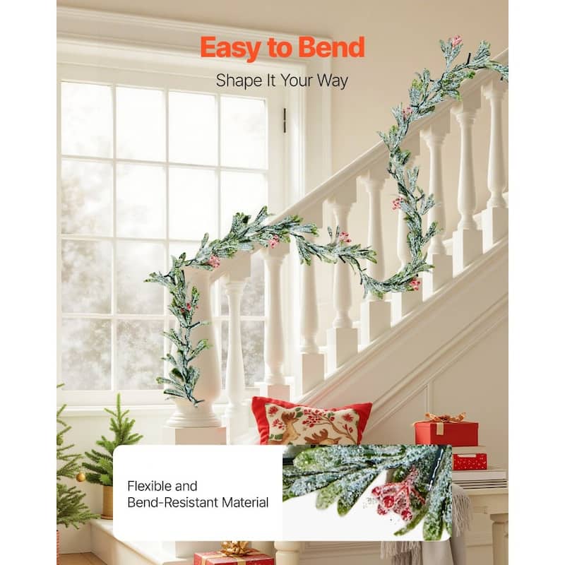 Snowy Green LED Lighted Christmas Garland with Olive Leaves and Vine Berries for Stairs and Mantels