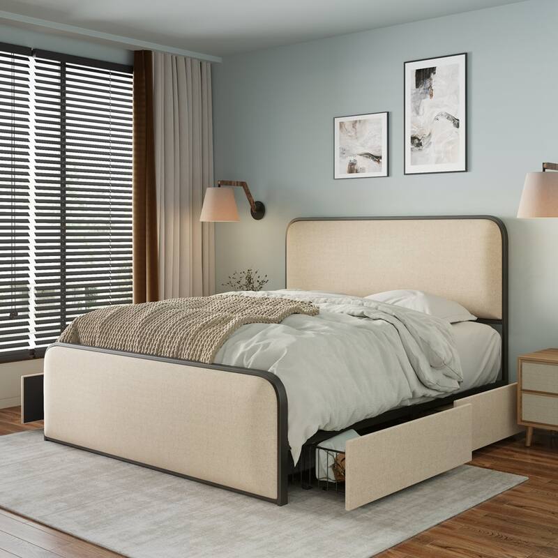 Metal Bed Frame with Curved Upholstered Headboard and Footboard