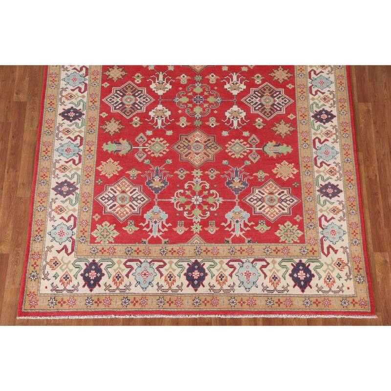 Hand Knotted Oriental 100% Wool Carpet Traditional All-Over Red Kazak Area Rug - 9' 6'' X 6' 8''