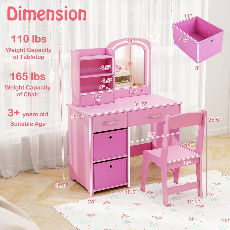 Gymax Kids Vanity Set Princess Makeup Desk & Chair w/ Mirror & Lights