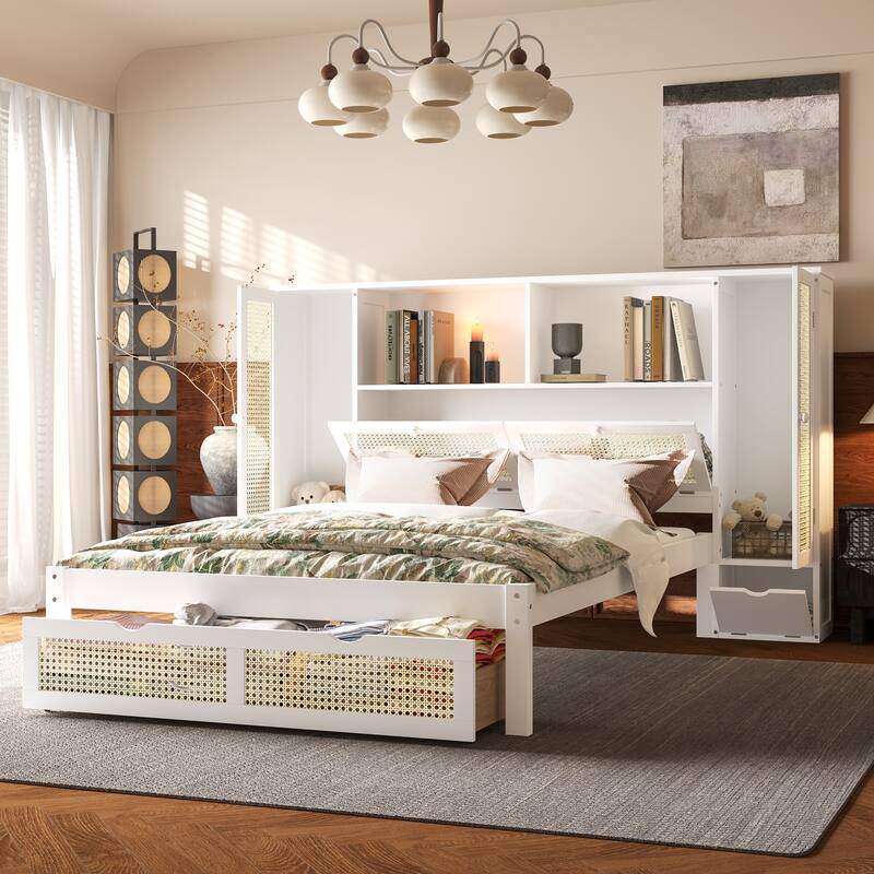 Twin Platform Bed with Rattan Accents, Built-In Headboard Shelf, Drawer, and 2 Storage Cabinets, Wooden Frame