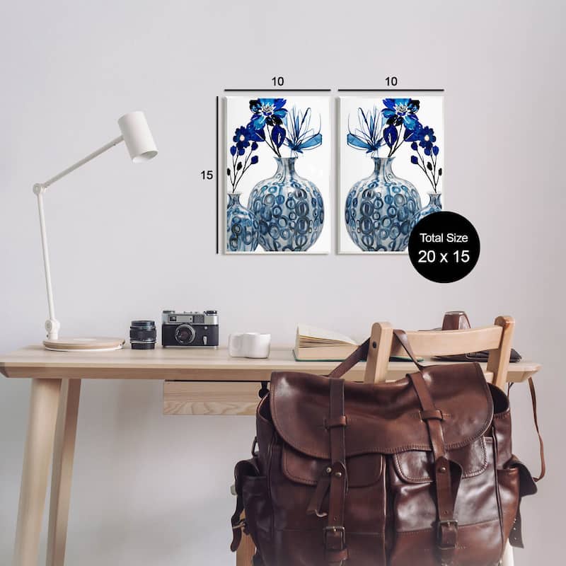 Stupell Bold Blue Ikebana Patterned Vase 2 Piece Wall Plaque Art Set by Jesse Keith
