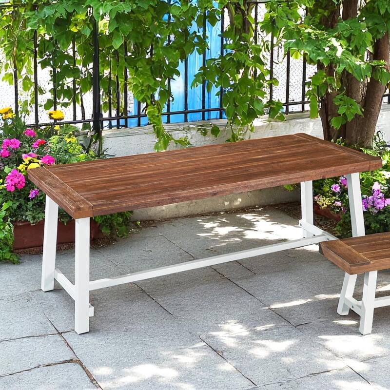 79" Outdoor Dining Table for 8, Industrial Patio Table with Metal Frame, Rectangular Garden Table for Backyard, Deck, or Porch - Dark brown+White