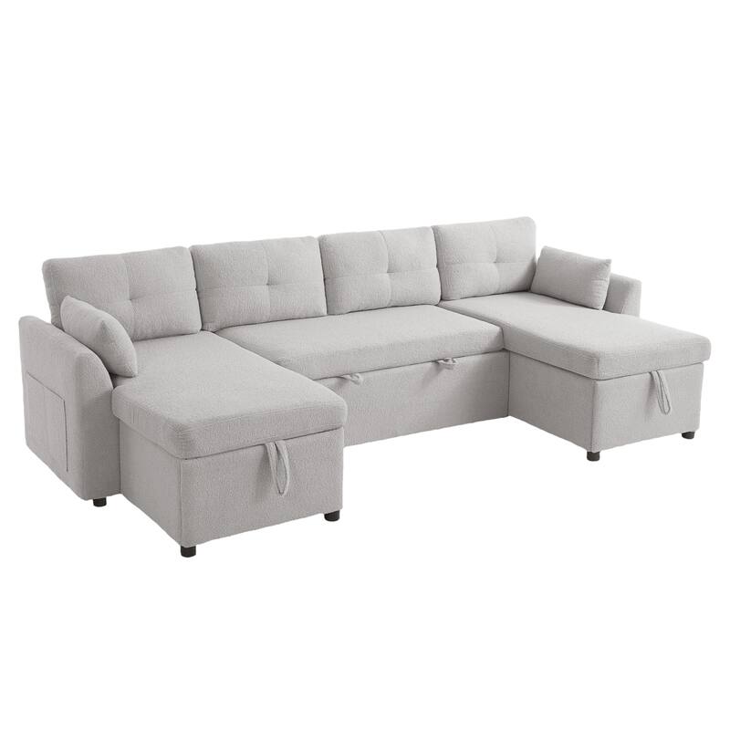 Teddy Fabric Sectional Sofa Convertible Sleeper Sofa Modern U-Shaped Couch Dual Storage Chaise Lounge with Pockets and USB Ports