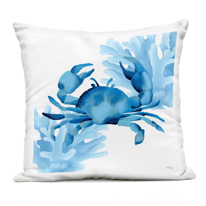 Stupell Blue Tone Crab & Coral Printed Outdoor Throw Pillow Design by Cat Thurman Designs - Accent - Polyester - Blue - Single
