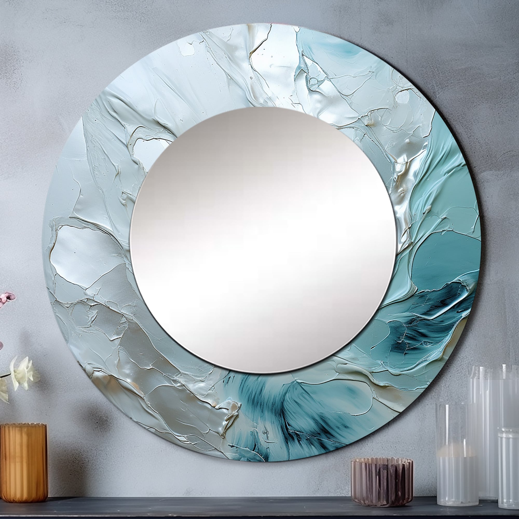 Designart "Silver Shimmer" Abstract Landscape Round Mirror - Modern Grey Round Bedroom Mirror Wall Decor