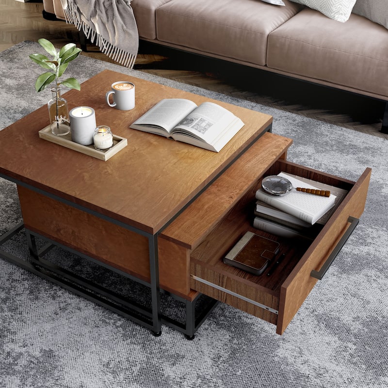 Saxon Rustic Brown Square 2-Piece Solid Wood Coffee Nesting Tables with 1-Drawer by Furniture of America