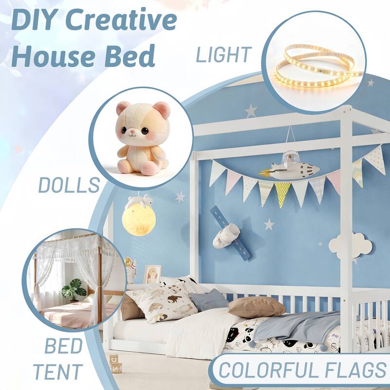 Twin Size Canopy Frame Floor Bed with Fence, Guardrails, White