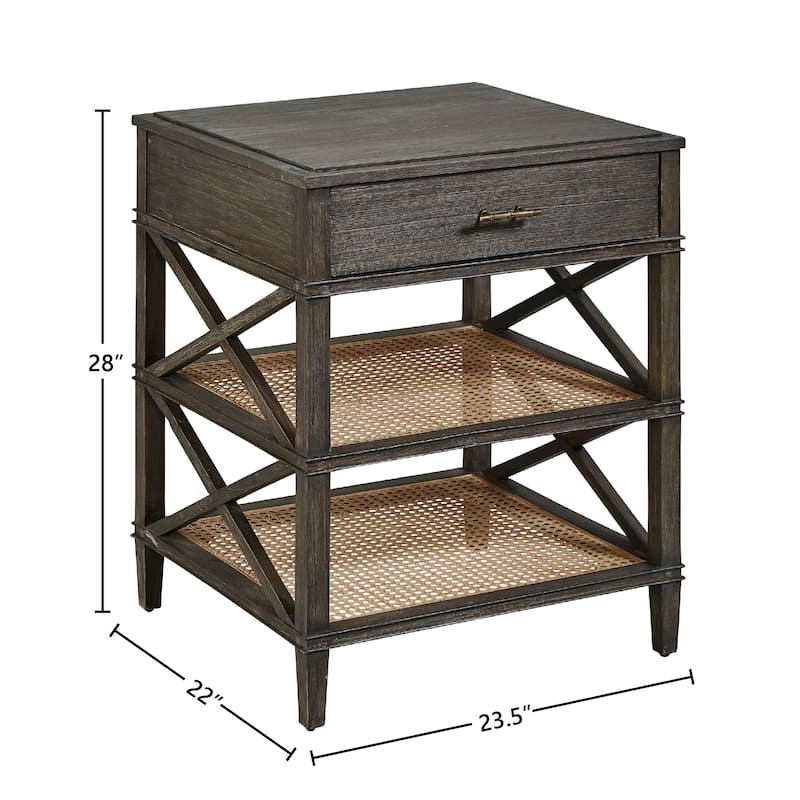 Cambridge Double Shelf Elm & Cane Side Accent Table with Storage Drawer