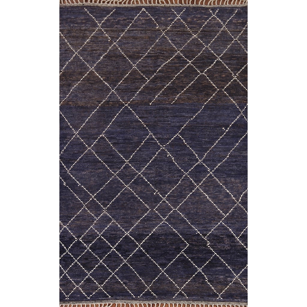Navy Blue Trellis Moroccan Area Rug Hand-Knotted Wool Carpet - 6'9"x 10'5"