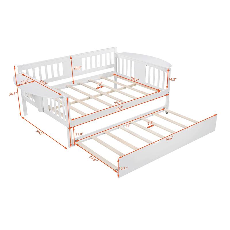 Twin/Full Size Daybed with Trundle Bed, Wooden Sofa Bed for Kids' Rooms and Guest Rooms, Sturdy Pine Wood Frame