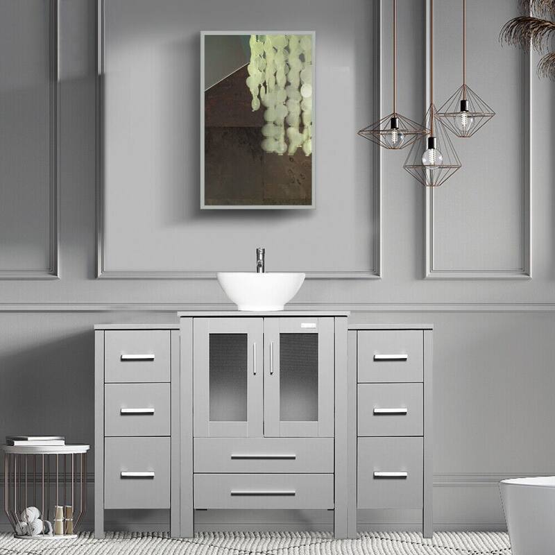 48" Bathroom Vanity Set Vessel Sink Mirror Faucet W/ Small Cabinet Combo - white ceramic round sink - Grey