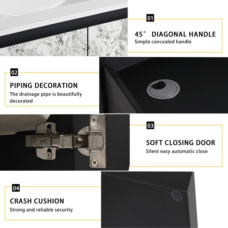 24 Inch Wall-Mounted Vanity with Ceramic Sink, Soft-Close Hinges & Triple Doors for Bathrooms