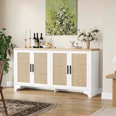 62 Inch Rattan Sideboard Buffet Cabinet, 4-Door with Shelves