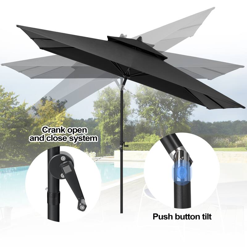 11PC Outdoor Patio Dining Set Aluminum Table with Stackable Armchairs w/ Market Umbrella Set