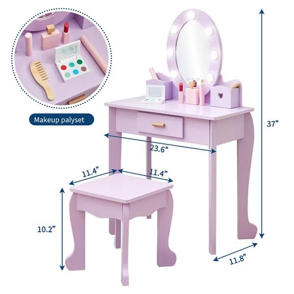 Kids Vanity Set with Mirror & Stool, Wooden Princess Makeup Dressing Table with Drawers for Girls Ages 4-9 - N/A