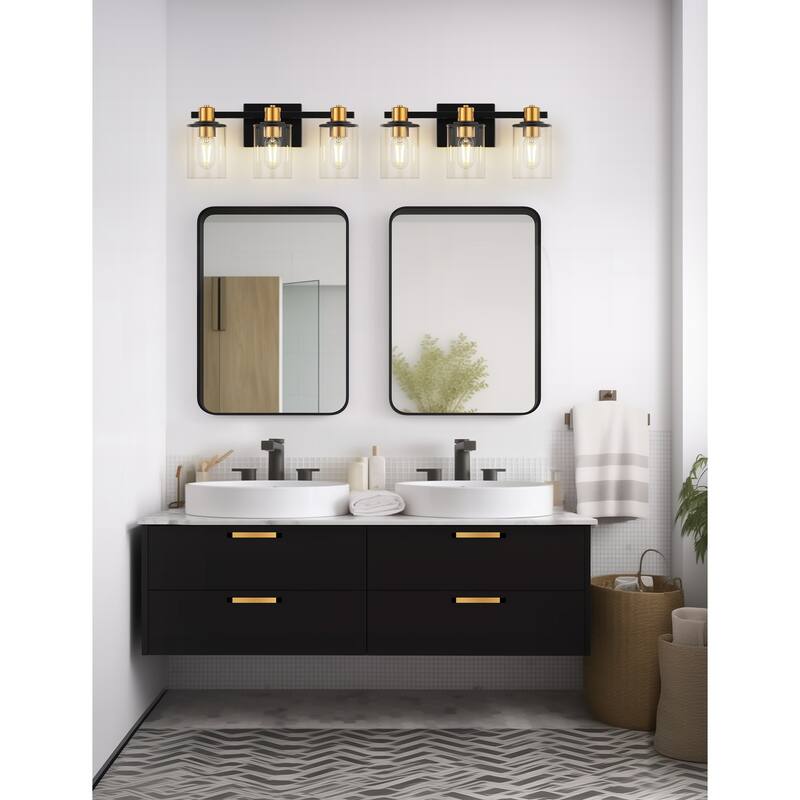 YANSUN 3-Light Vanity Light, Black and Gold Finish, E26 Base, Transparent Cylindrical Glass Shades, Square Backplate and Rod