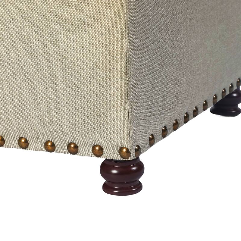 Adeco Storage Ottoman Tufted Linen Wood Bench with Nails