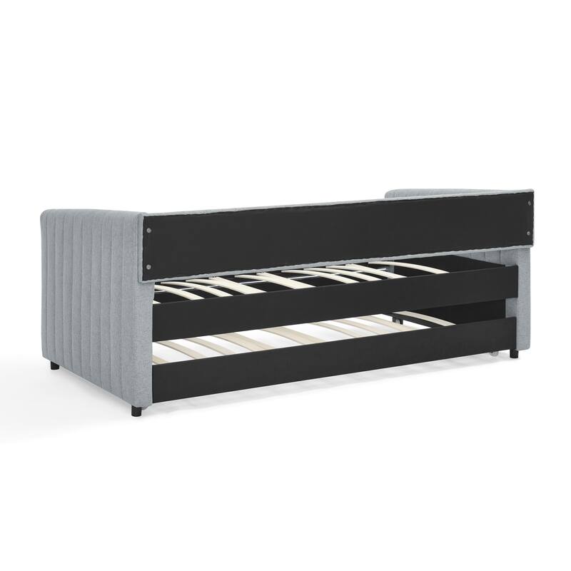 Twin Size Linen Upholstered Daybed with Trundle - Vertical Striped Sofa Bed with Foam Padding