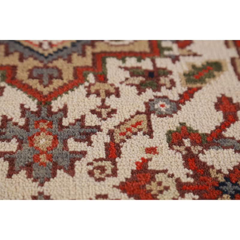 Hand Knotted Oriental 100% Wool Carpet Traditional Geometric Beige & Ivories Heriz (serapi) Runner Rug - 8' 0'' X 2' 7''