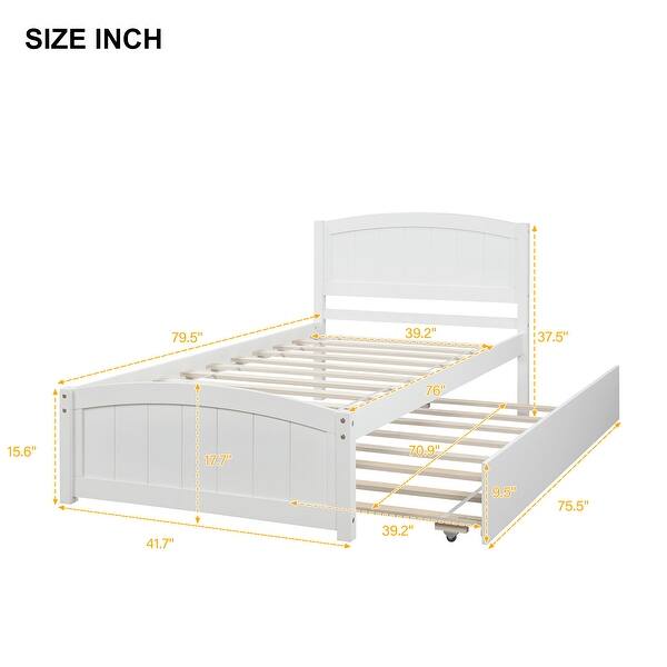 Twin Size Platform Bed with Roll-Out Trundle and Solid Pine Wood Construction